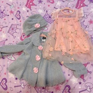 Grey Fleece Pink Rose coat with matching hat & Pink Floral Dress